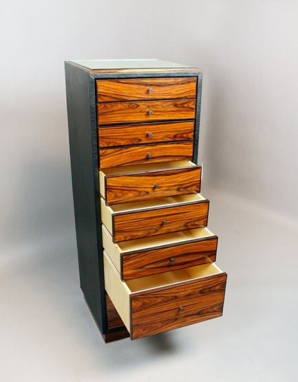 Rosewood, Leather and Glass Tall Jewelry Chest