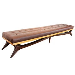 Exotic wood and tufted leather bench from Brazil