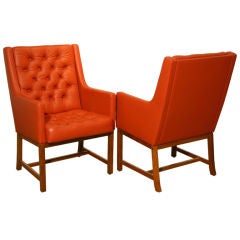 Pair of high back tufted leather & teak arm chairs Jan Eksilius