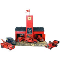 Vintage Large 1930's metal firehouse with fire engines and accessories