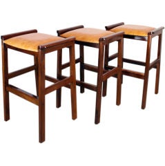 Set of 3 solid teak and embossed leather bar stools