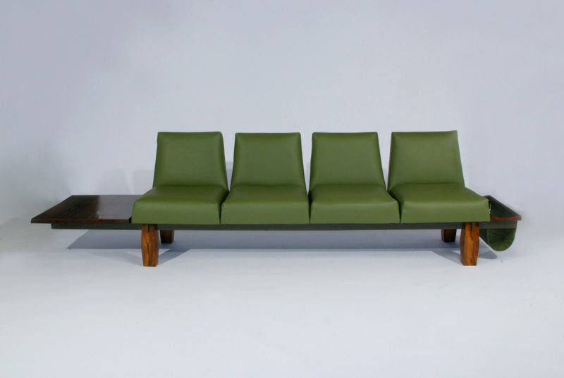 Rosewood and Green Leather Sofa with Floating Ends by L'Atelier In Good Condition In Hollywood, CA