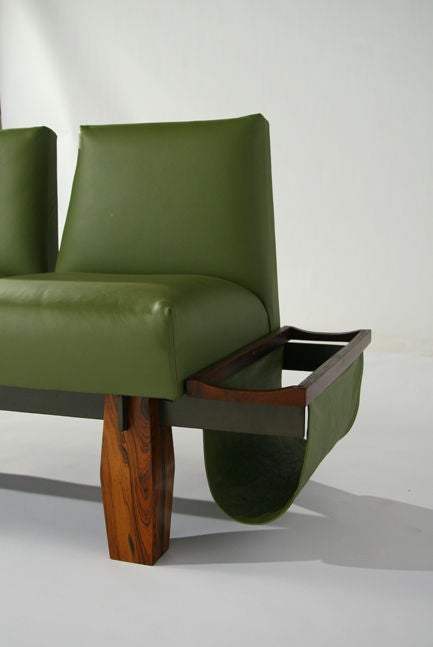 Mid-20th Century Rosewood and Green Leather Sofa with Floating Ends by L'Atelier