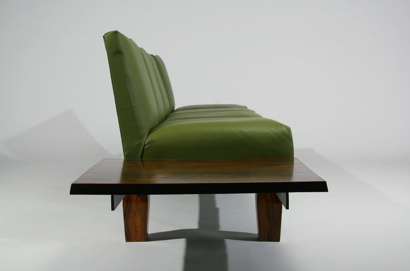 Rosewood and Green Leather Sofa with Floating Ends by L'Atelier 1