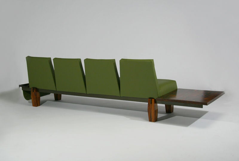 Rosewood and Green Leather Sofa with Floating Ends by L'Atelier 2