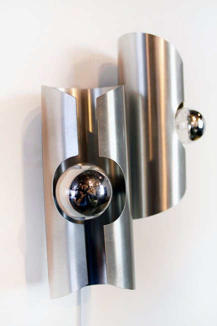 Pair Of Cylindrical Chromed Steel Sconces, Sciolari Attribution For Sale 1