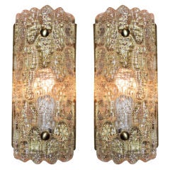 Pair of Orrefors tinted yellow glass & bronze sconces