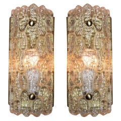 Pair of Orrefors tinted yellow glass & bronze sconces
