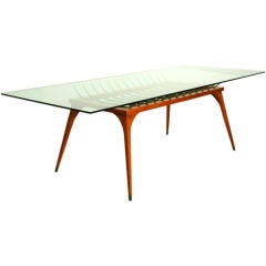 Exotic Wood and Bronze Spike Dining Table with Glass Top