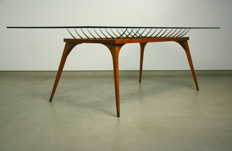 Brazilian Exotic Wood and Bronze Spike Dining Table with Glass Top