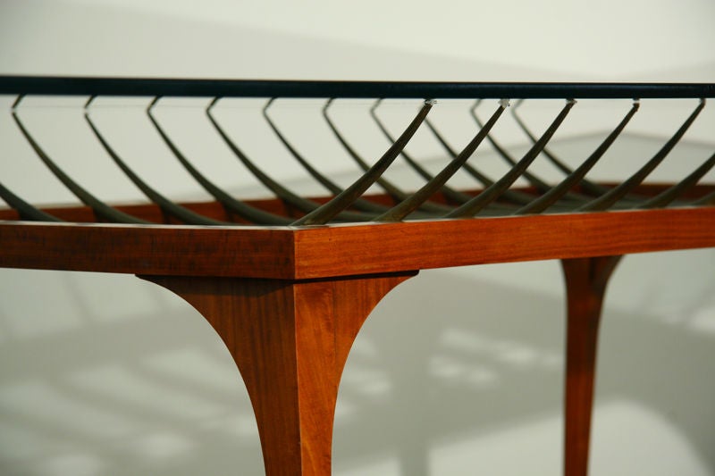 Exotic Wood and Bronze Spike Dining Table with Glass Top 3