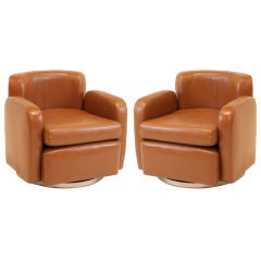 Pair of Brown Contemporary Modern Leather & Chrome Swivel Club Chairs Armchairs