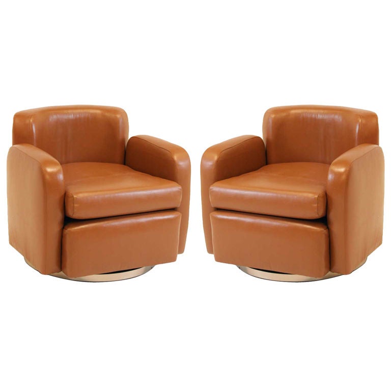 Pair of Brown Contemporary Modern Leather & Chrome Swivel Club Chairs Armchairs For Sale