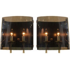 Vintage Brass and Smokey Glass Wall Sconces