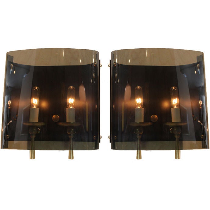 Vintage Brass and Smokey Glass Wall Sconces For Sale