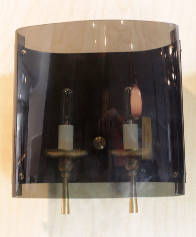 Mid-Century Modern Vintage Brass and Smokey Glass Wall Sconces For Sale