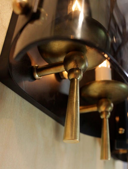American Vintage Brass and Smokey Glass Wall Sconces For Sale