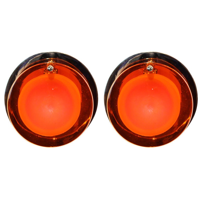 Pair of Vistosi Murano Orange Glass and Nickel Wall Sconces For Sale