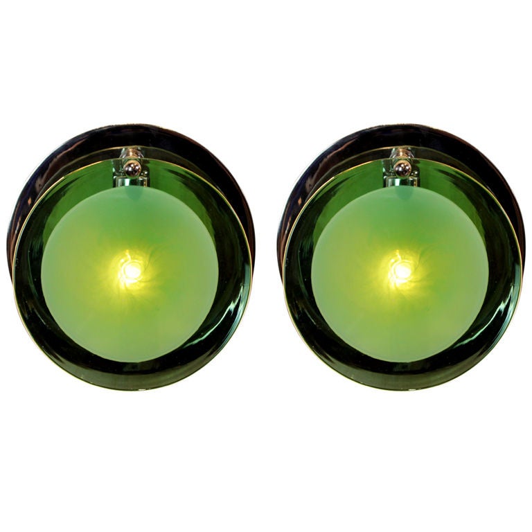  Vistosi Murano Green Glass and Nickel Wall Sconces For Sale
