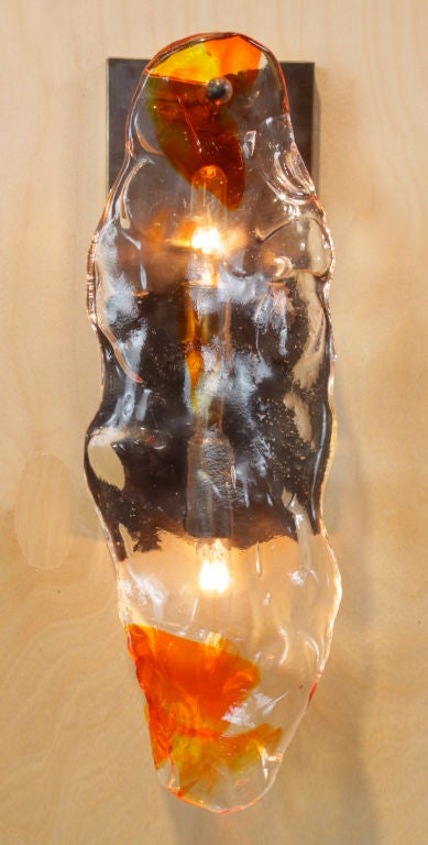 Vintage Murano Two-Tone Art Glass and Bronze Wall Sconces