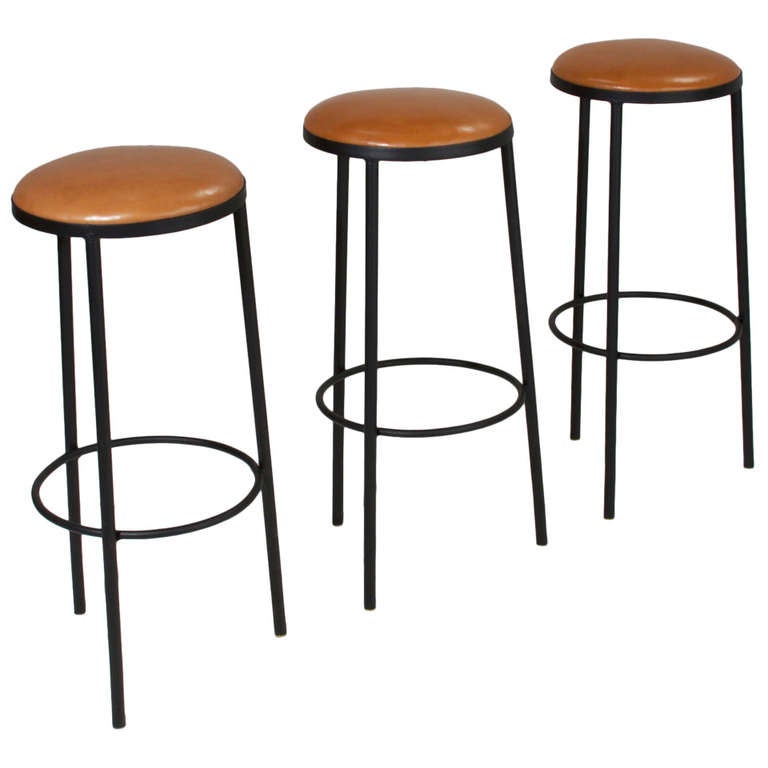 Set of 3 Of Vintage Black Iron and Leather Bar Stools at 1stDibs