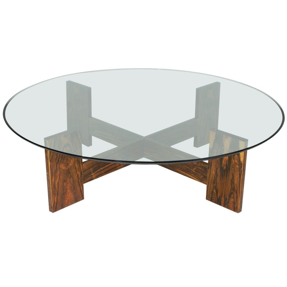 Brazilian Rosewood Coffee Table with Round Glass Top For Sale