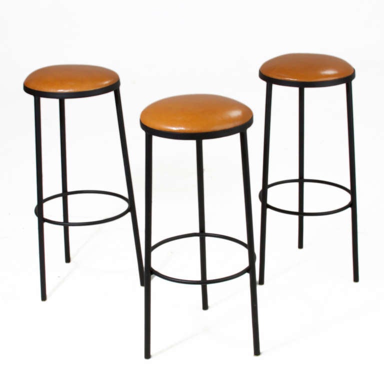 American Set of 3 Of Vintage Black Iron & Leather Bar Stools