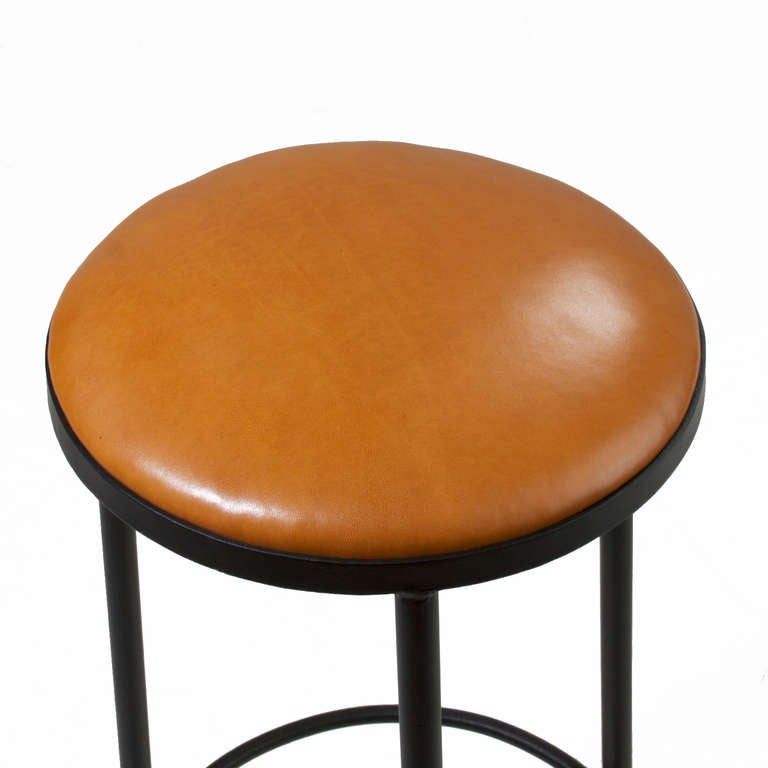 Set of 3 Of Vintage Black Iron & Leather Bar Stools In Good Condition In Hollywood, CA