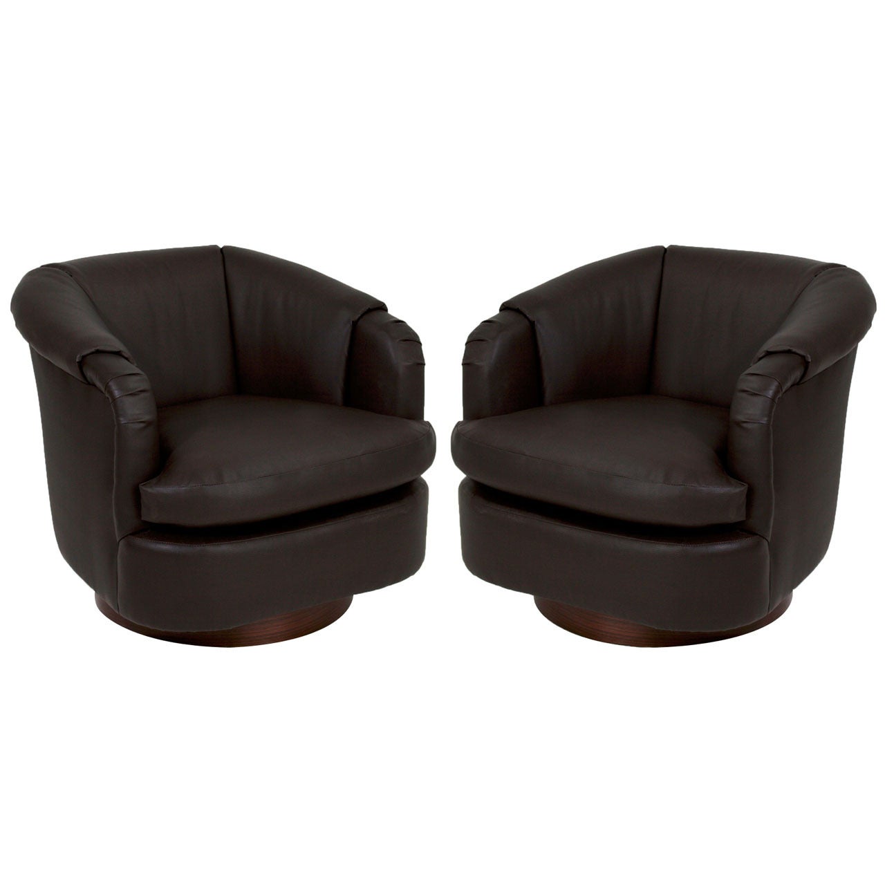 Pair of Brown Leather Club Armchairs with Dark Grain Wood Swivel Bases For Sale