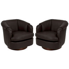 Pair of Brown Leather Club Armchairs with Dark Grain Wood Swivel Bases