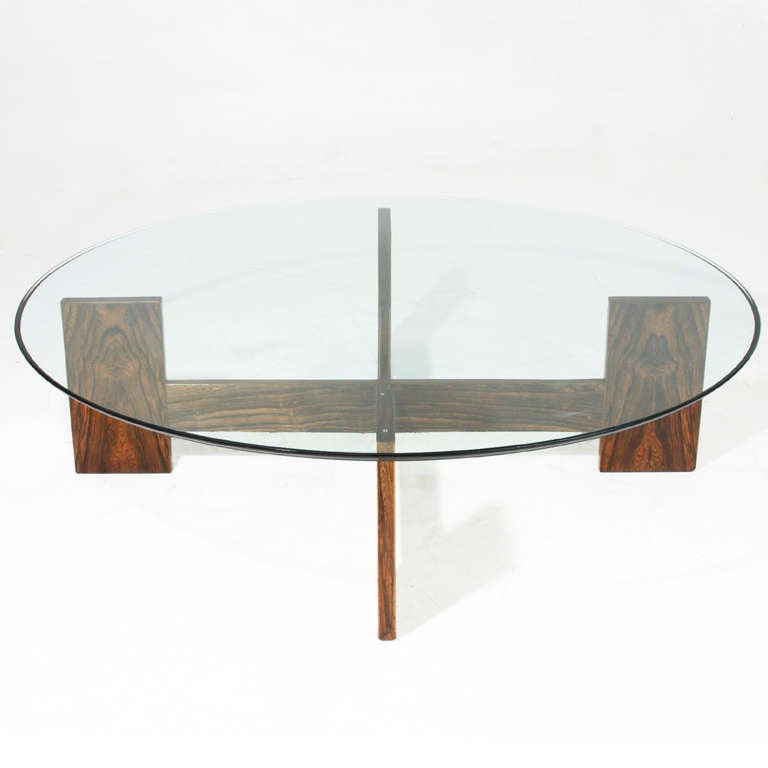 American Brazilian Rosewood Coffee Table with Round Glass Top For Sale