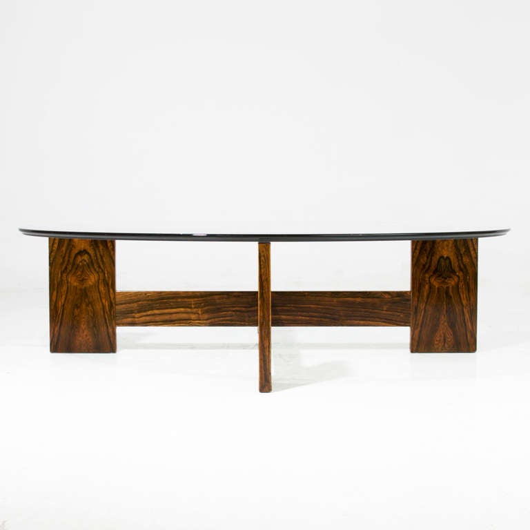 Brazilian Rosewood Coffee Table with Round Glass Top In Good Condition For Sale In Los Angeles, CA