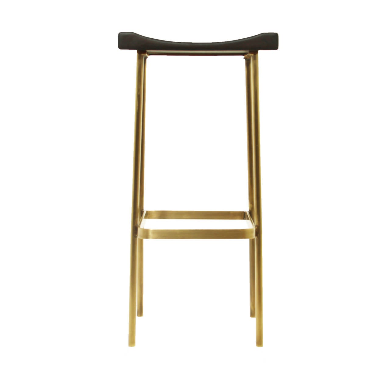 The Bundinha Stool by Thomas Hayes Studio with flat black finished frames and solid wood hand-carved tops and a curved flat bar foot rest. 

This item is available for custom order and the lead time is 6-10 weeks; sometimes we are able to complete