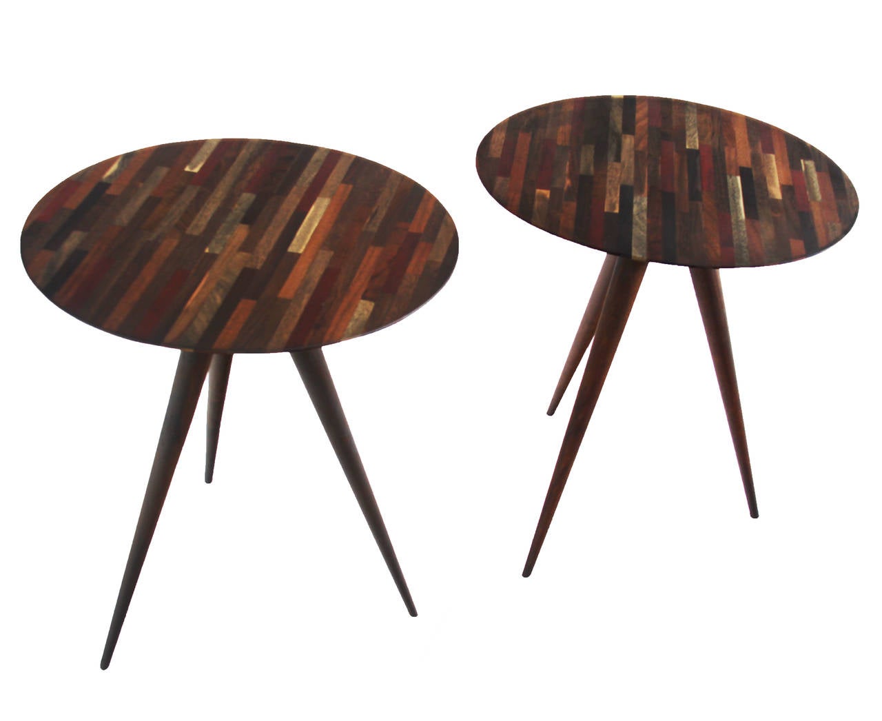 Laminated patchwork end tables or lamp tables made from a variety of solid Brazilian exotic hardwoods and designed by Tunico T. The Portuguese name roughly translates into "toothpick leg." Wood types include Muirapiranga, Roxinho,