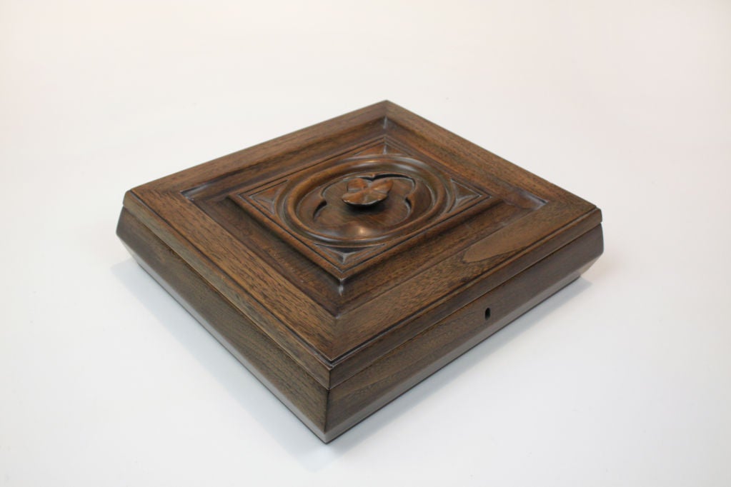 A lovely carved mahogany humidor or small jewelry/watch box by Monteverdi-Young.

In order to preserve our inventory, after restoration we blanket wrap and store nearly every piece in our warehouse. Please email Hayes Gallery in the Contact Dealer