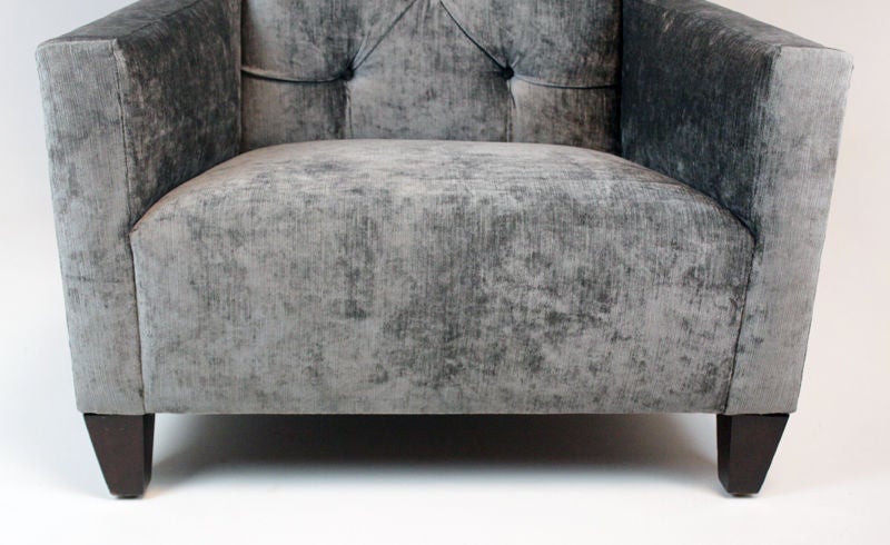 Wood Single high back tufted gray silk velvet chair.