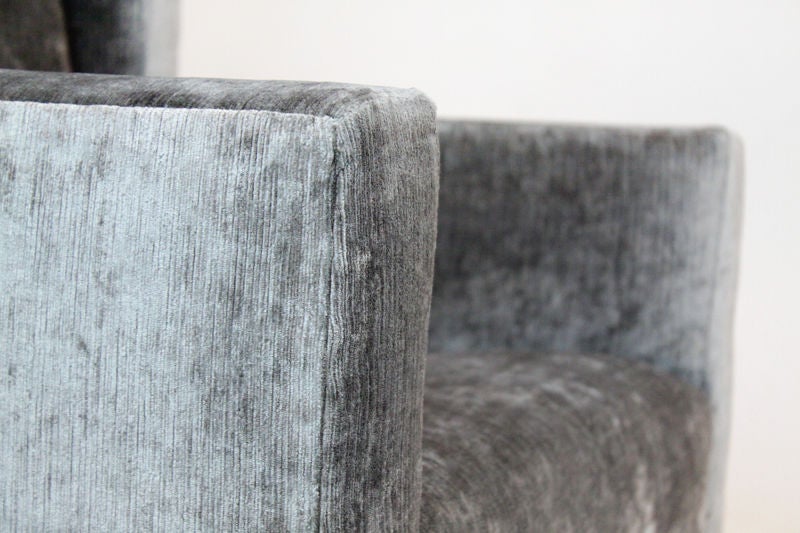 Single high back tufted gray silk velvet chair. 1
