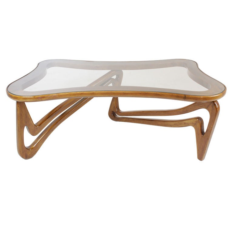 Curved solid Caviuna & glass coffee table Scapinelli attribution