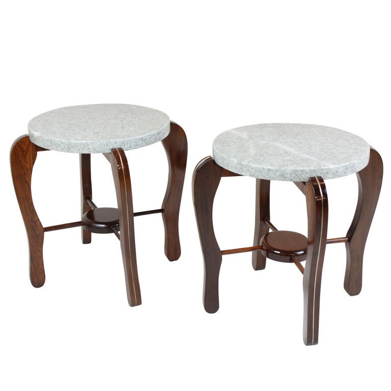 Pair of Solid Sculptural Brazilian Rosewood and Granite Side Tables For Sale