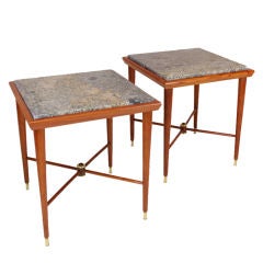 Pair of Brazilian caviuna, brass and blue granite side tables