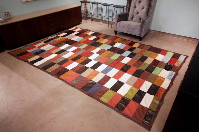 A vintage-inspired rug made of patchwork leather designed by Thomas Hayes Studio. This is a one of a kind piece and sold as such.
Many pieces are stored in our warehouse, so please give us a call at (323) 463-4434 or email us at