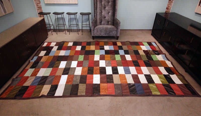 Custom Thomas Hayes Studio patchwork leather rug In Excellent Condition In Hollywood, CA