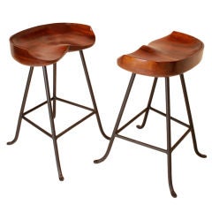 Pair of contoured-seat solid Walnut American craft stools