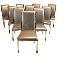 Set of 10 Design Institute pewter leather & chrome dining chairs