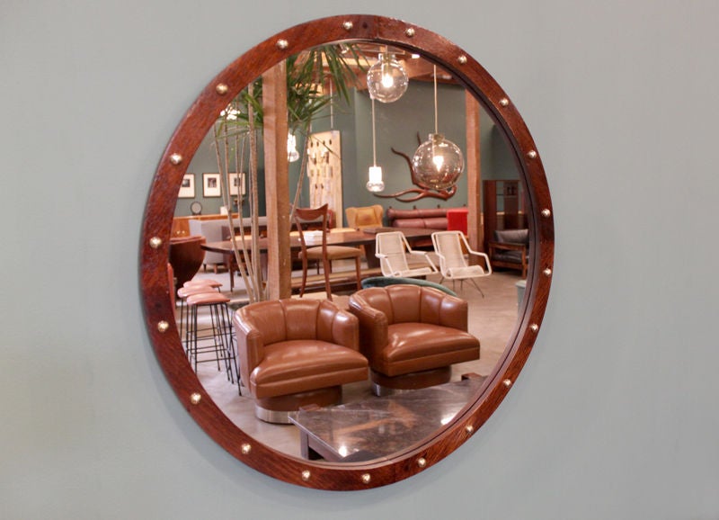 Round Brazilian Exotic Wood Mirror with Polished Brass Details