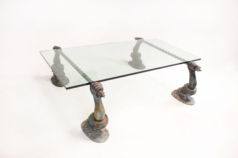 American Coffee table made with solid bronze sculptural bases