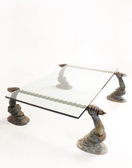 Coffee table made with solid bronze sculptural bases In Good Condition In Hollywood, CA