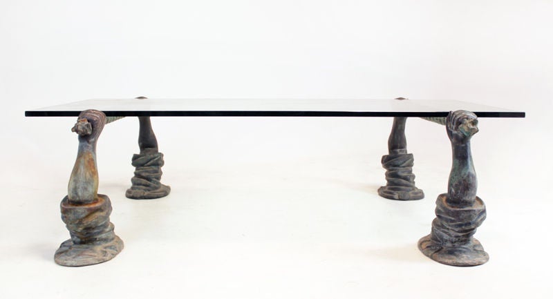 Mid-20th Century Coffee table made with solid bronze sculptural bases