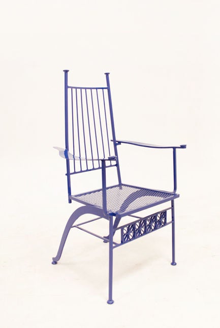 Pair of rare wrought iron Salterini patio chairs in blue In Excellent Condition In Hollywood, CA