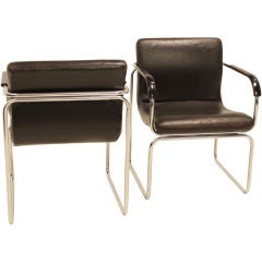 Pair of vintage black leather tubular chrome side chairs